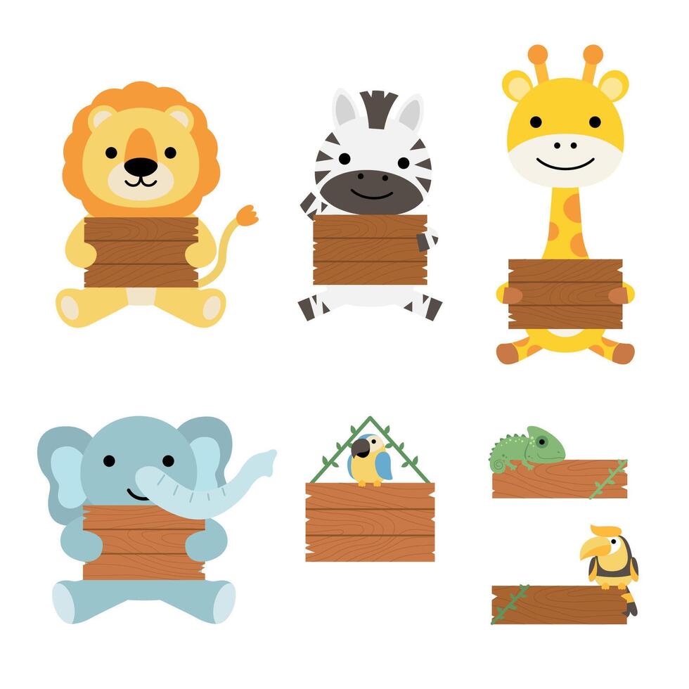 A set of big Isolated Vector illustrated animal holding a blank plank of wood, hand drawn style on white background.