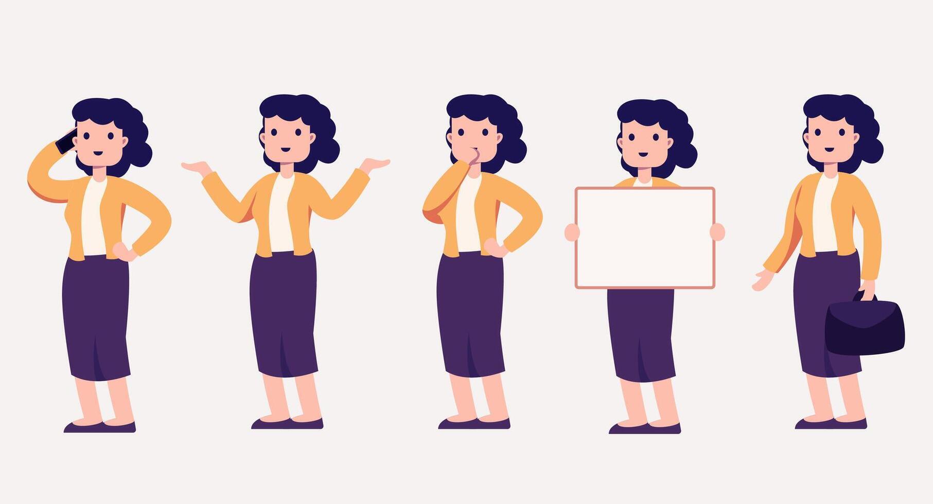 conjunto de mujer trabajadora de negocios en personaje de dibujos animados con diferentes acciones vector