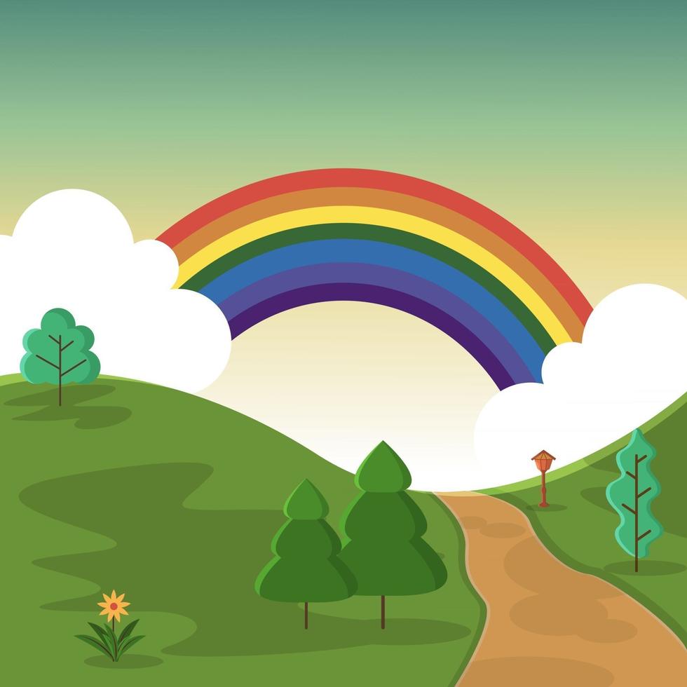 hermoso arco iris verano colinas calle naturaleza paisaje ilustración vector