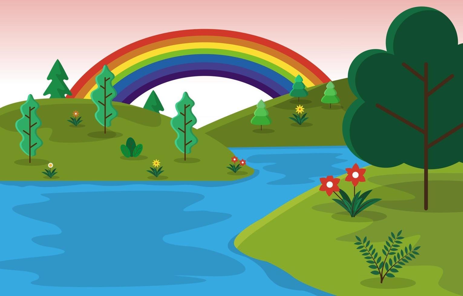 hermoso arco iris verano colinas río naturaleza paisaje ilustración vector