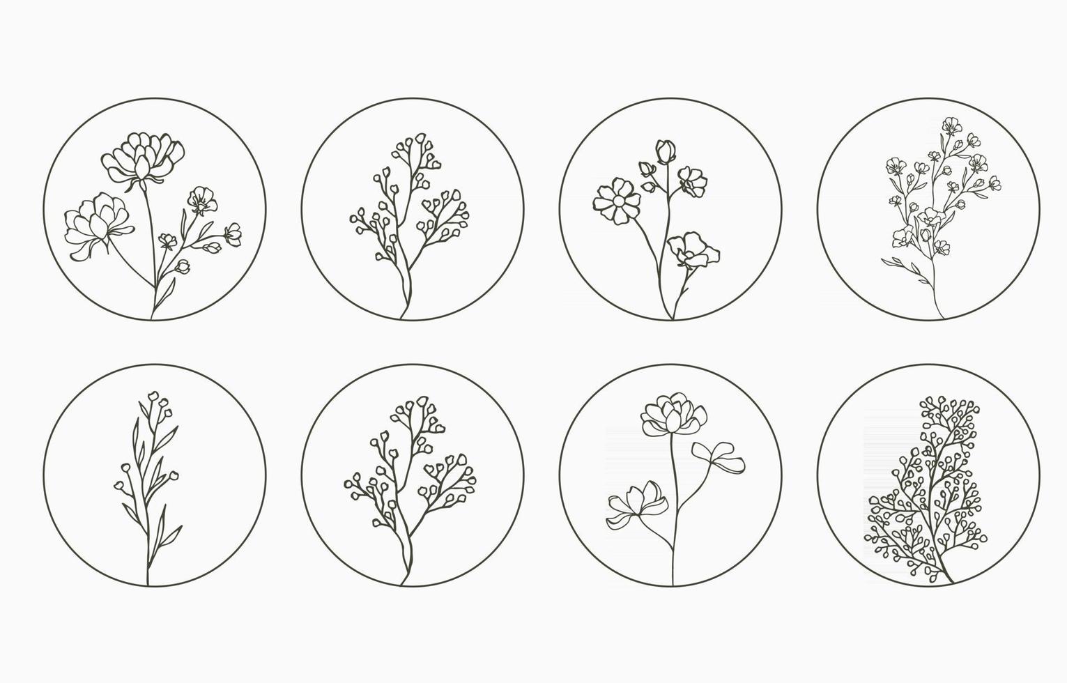 Line flower collection with lavender, magnolia in circle shape vector