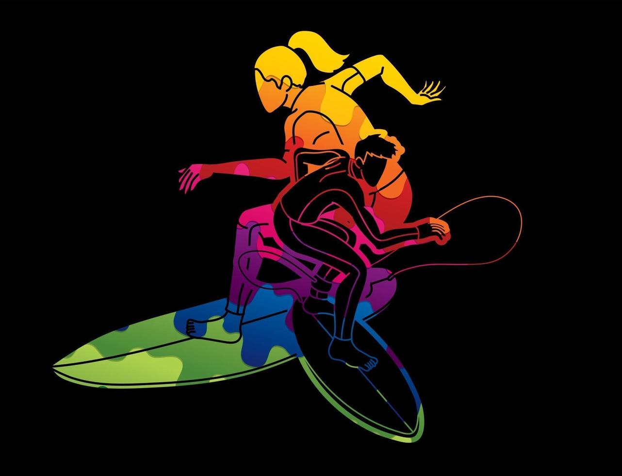 Grupo de graffiti de surfistas deportivos masculinos y femeninos vector