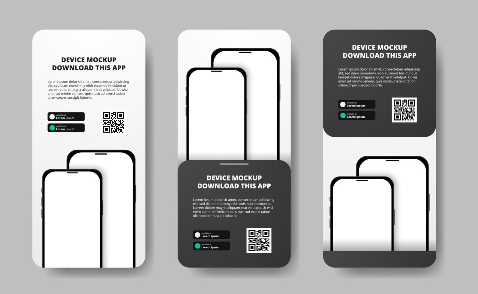 social media stories banner advertising for downloading app for mobile phone, double smartphone. Download buttons with scan qr code template. 3D perspective phone vector