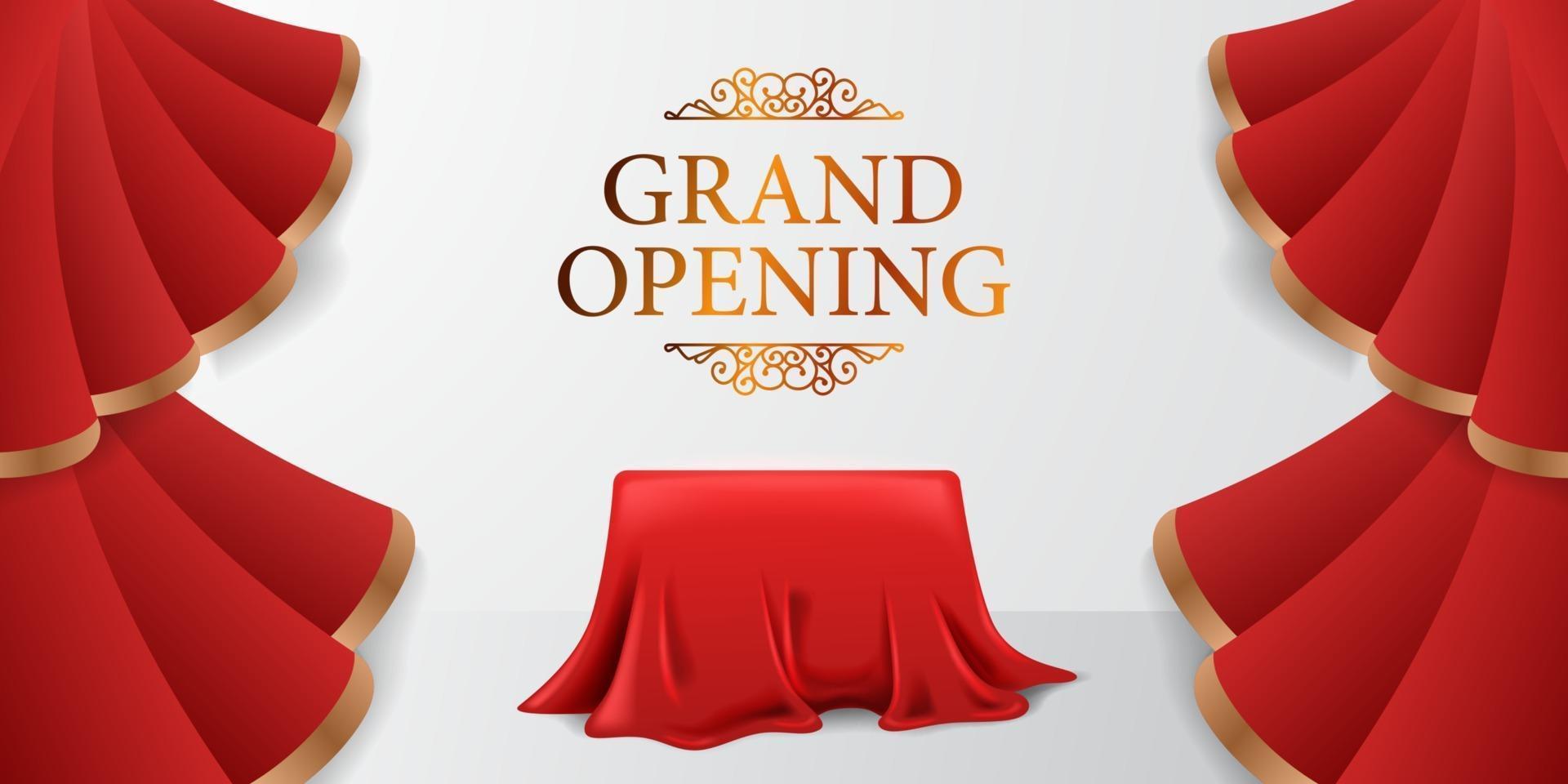 Elegant luxury grand opening poster banner with red silk curtain wave open with fabric cover box illustration with white background and golden text vector