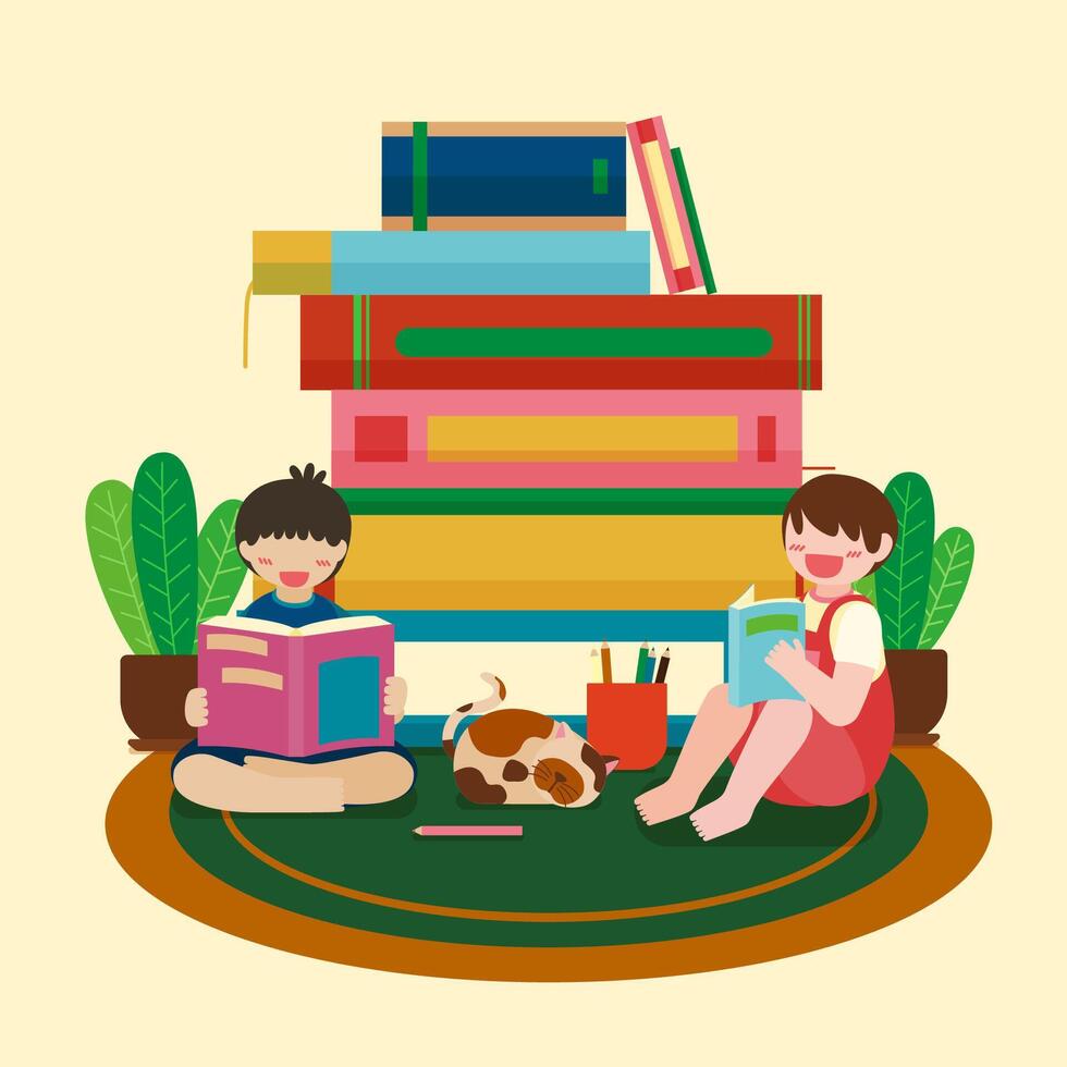 Big isolated cartoon character vector illustration of Cute kids reading book and learning, and discovering new