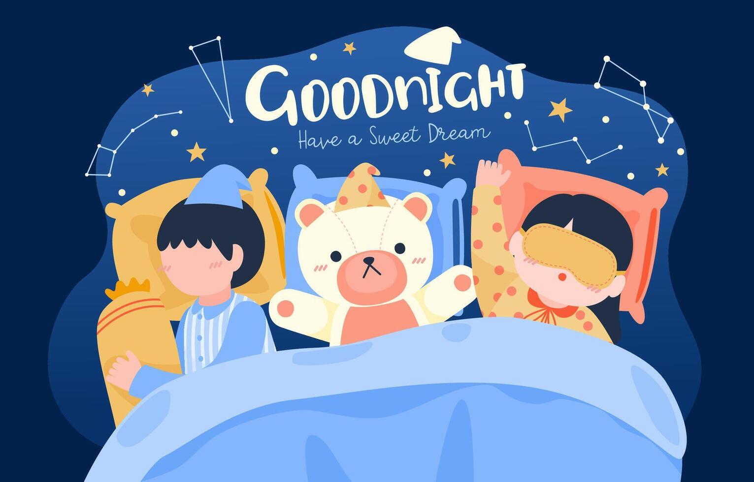 Big isolated cartoon character vector illustration of Cute kids sleeping on bed in bed room , flat illustration