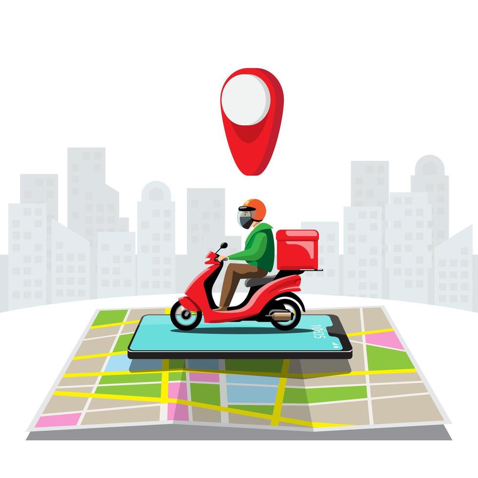 Grandes iconos de colores de vectores de motocicletas aisladas, ilustraciones planas de entrega por motocicletas a través de la ubicación de seguimiento gps. entrega en bicicleta, entrega de pizza y comida, entrega instantánea, entrega en línea.