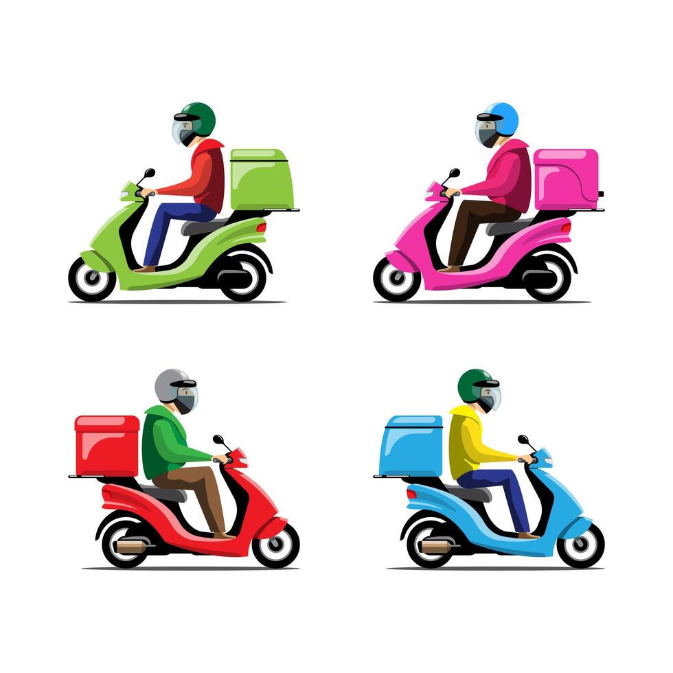 Conjunto de iconos de colores de vector de motocicleta aislada grande, ilustraciones planas de varias motocicletas de colores. entrega en bicicleta, entrega de pizza y comida, entrega instantánea, entrega en línea.