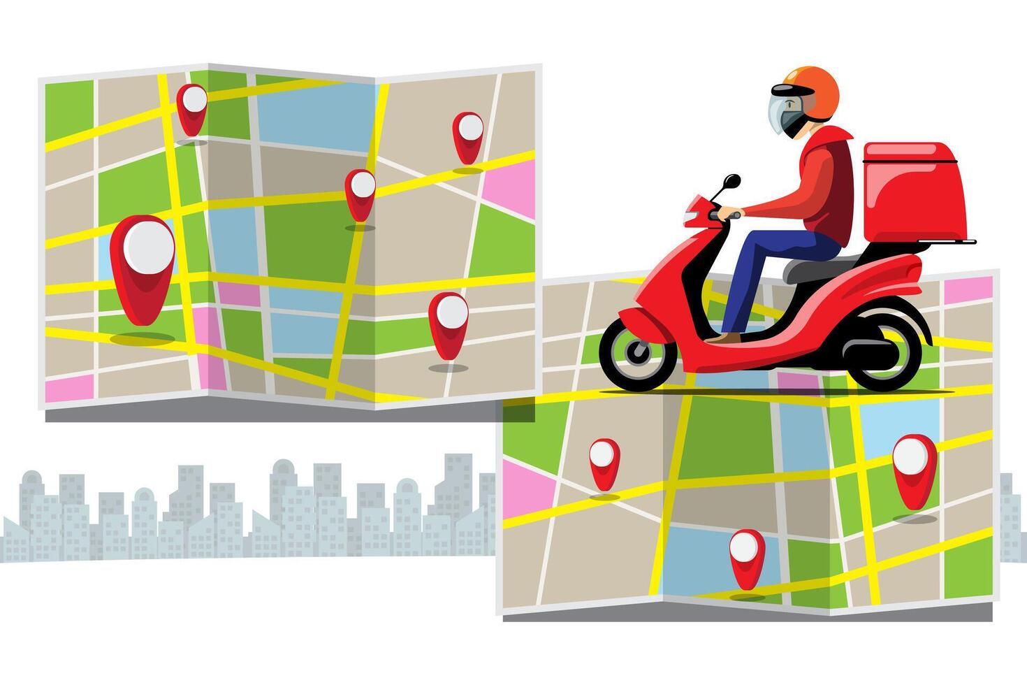 Grandes iconos de colores de vectores de motocicletas aisladas, ilustraciones planas de entrega por motocicletas a través de la ubicación de seguimiento gps. entrega en bicicleta, entrega de pizza y comida, entrega instantánea, entrega en línea.