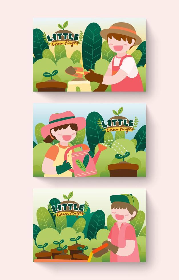 Ilustración de vector de personaje de dibujos animados aislado grande de niños lindos que cultivan un huerto en el jardín fuera de casa, ilustración plana