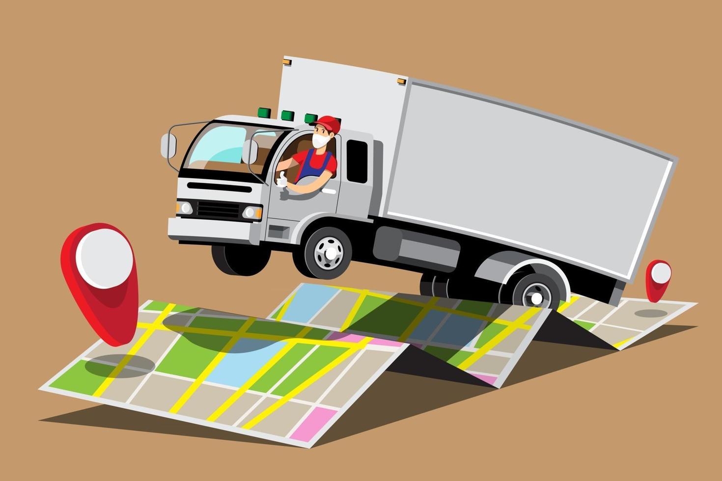 Big isolated vehicle vector colorful icons, flat illustrations of delivery by van through GPS tracking location. delivery vehicle, goods and  food delivery, instant delivery, online delivery.