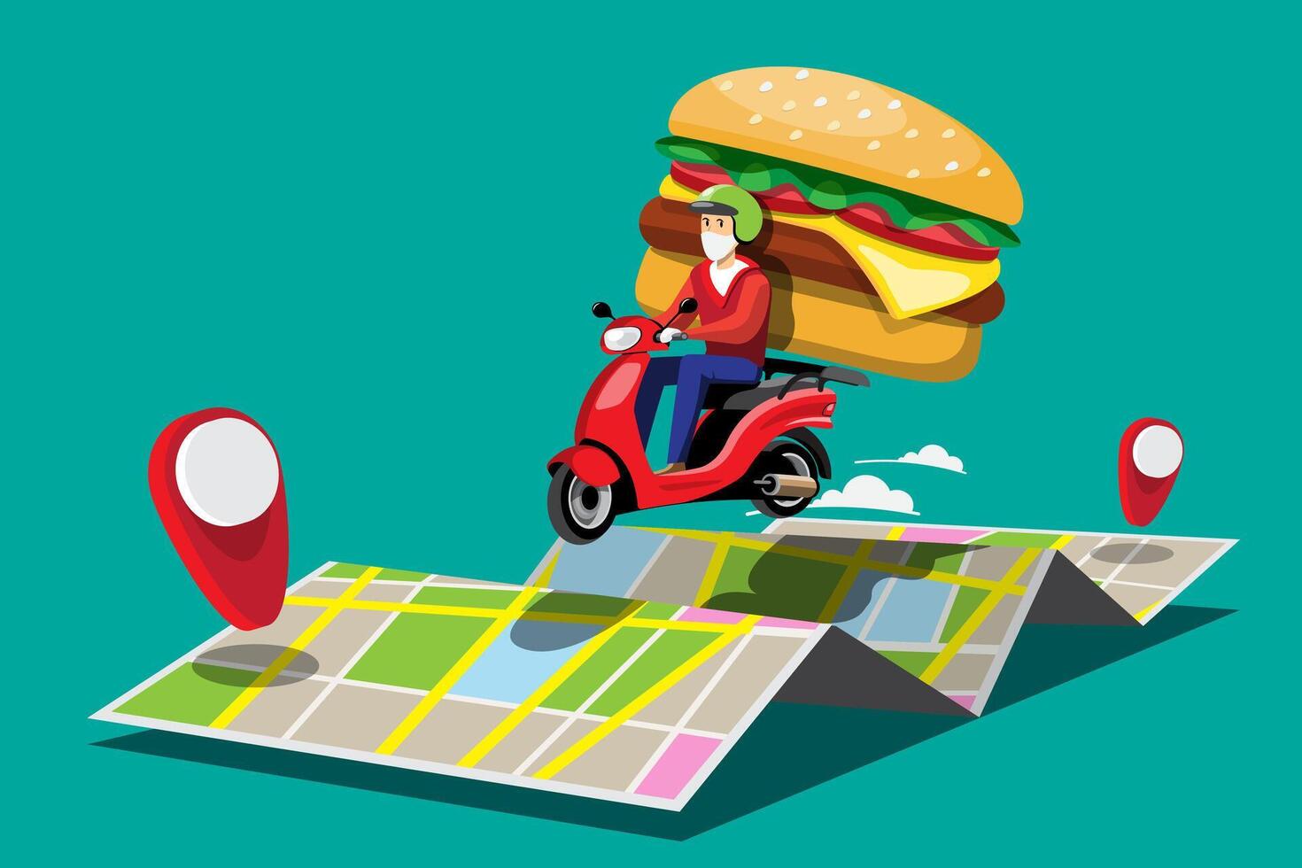 Big isolated Motorcycle vector colorful icons, flat illustrations of delivery by motorcycles through GPS tracking location. delivery bike, burger and food delivery, instant delivery, online delivery.