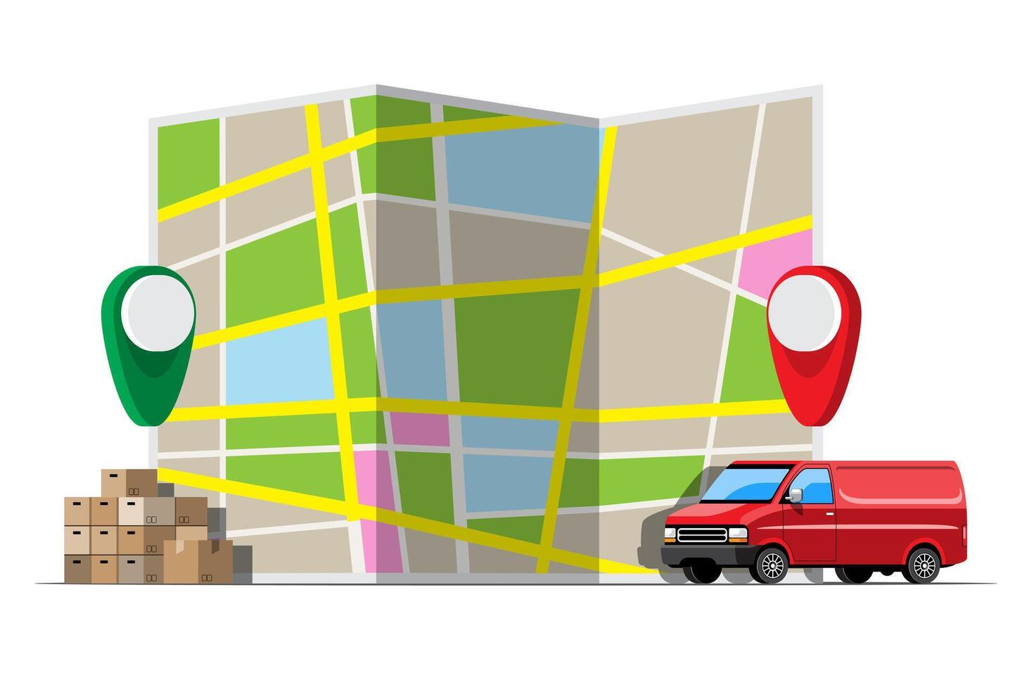 Big isolated vehicle vector colorful icons, flat illustrations of delivery by van through GPS tracking location. delivery vehicle, goods and  food delivery, instant delivery, online delivery.