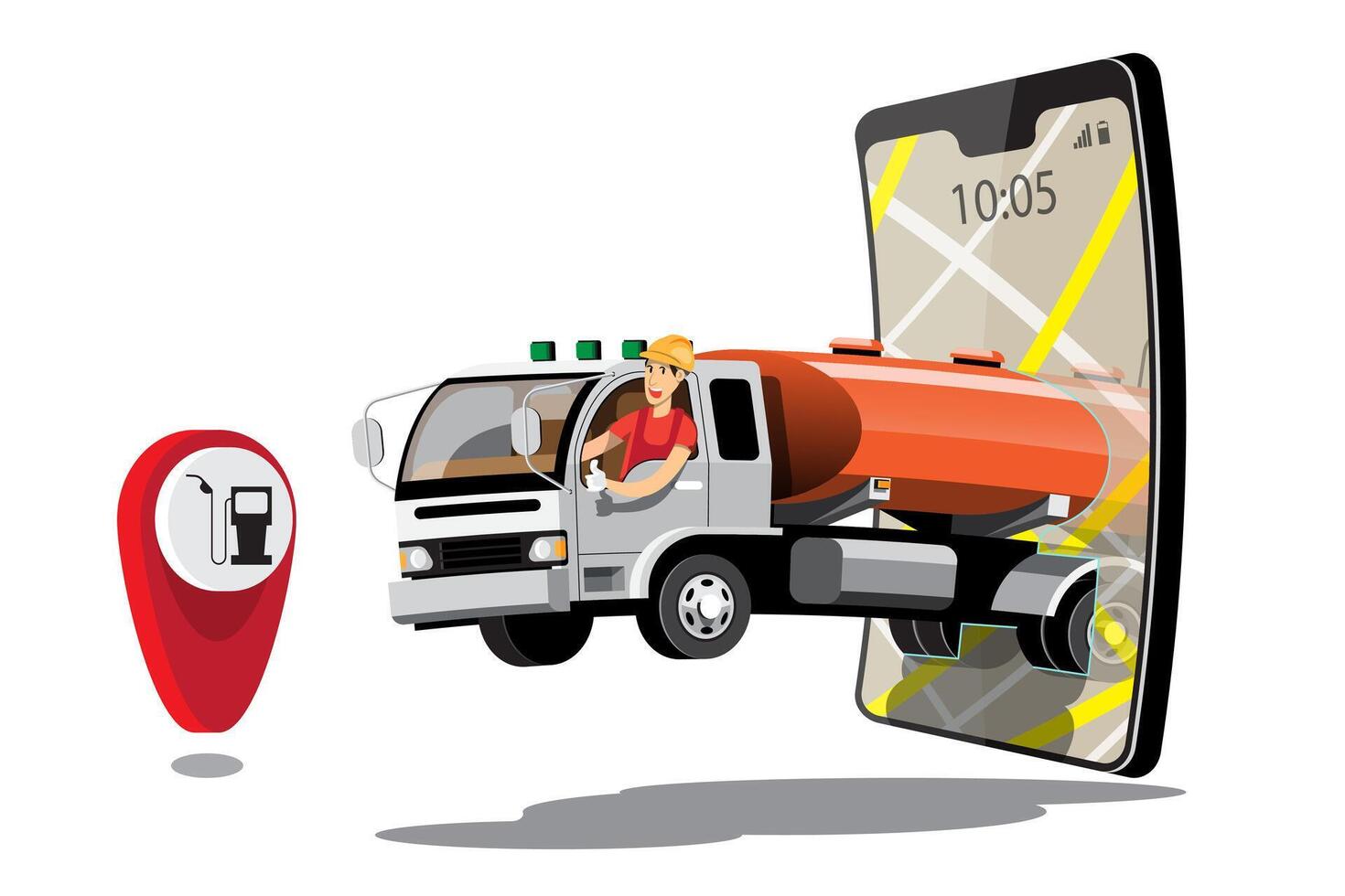 Big isolated vehicle vector colorful icons, flat illustrations of delivery by van through GPS tracking location. delivery vehicle, gas, gasoline, fuel delivery, instant delivery, online delivery.