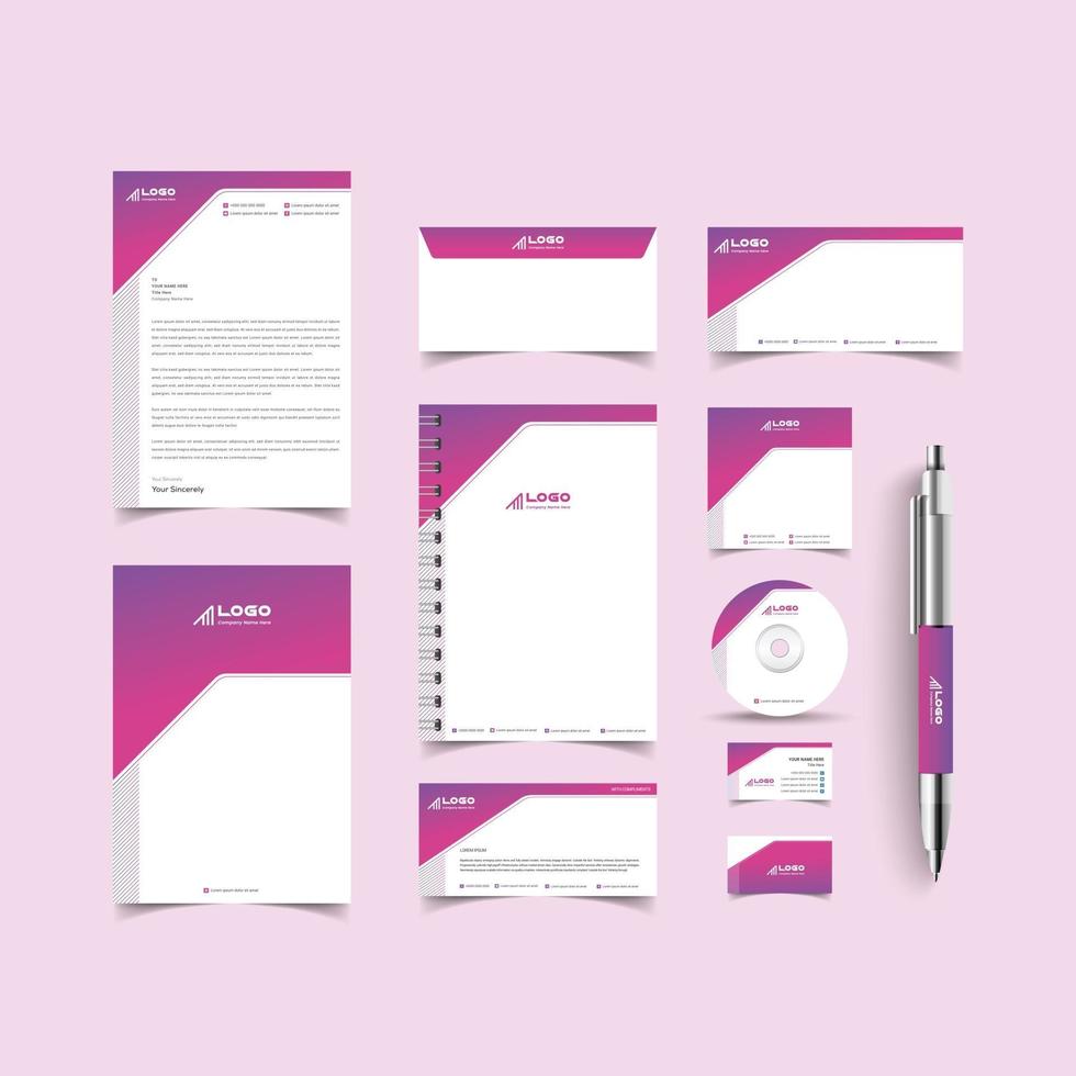 conjunto de identidad corporativa de color rosa. kit de diseño de plantillas de papelería. paquete de identidad de marca editable de plantilla de marca vector