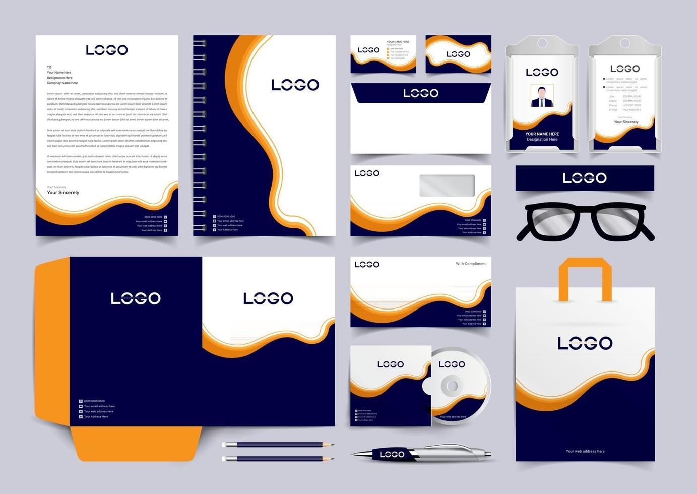 Conjunto de identidad corporativa azul marino y amarillo. kit de diseño de plantillas de papelería. paquete de identidad de marca editable de plantilla de marca vector