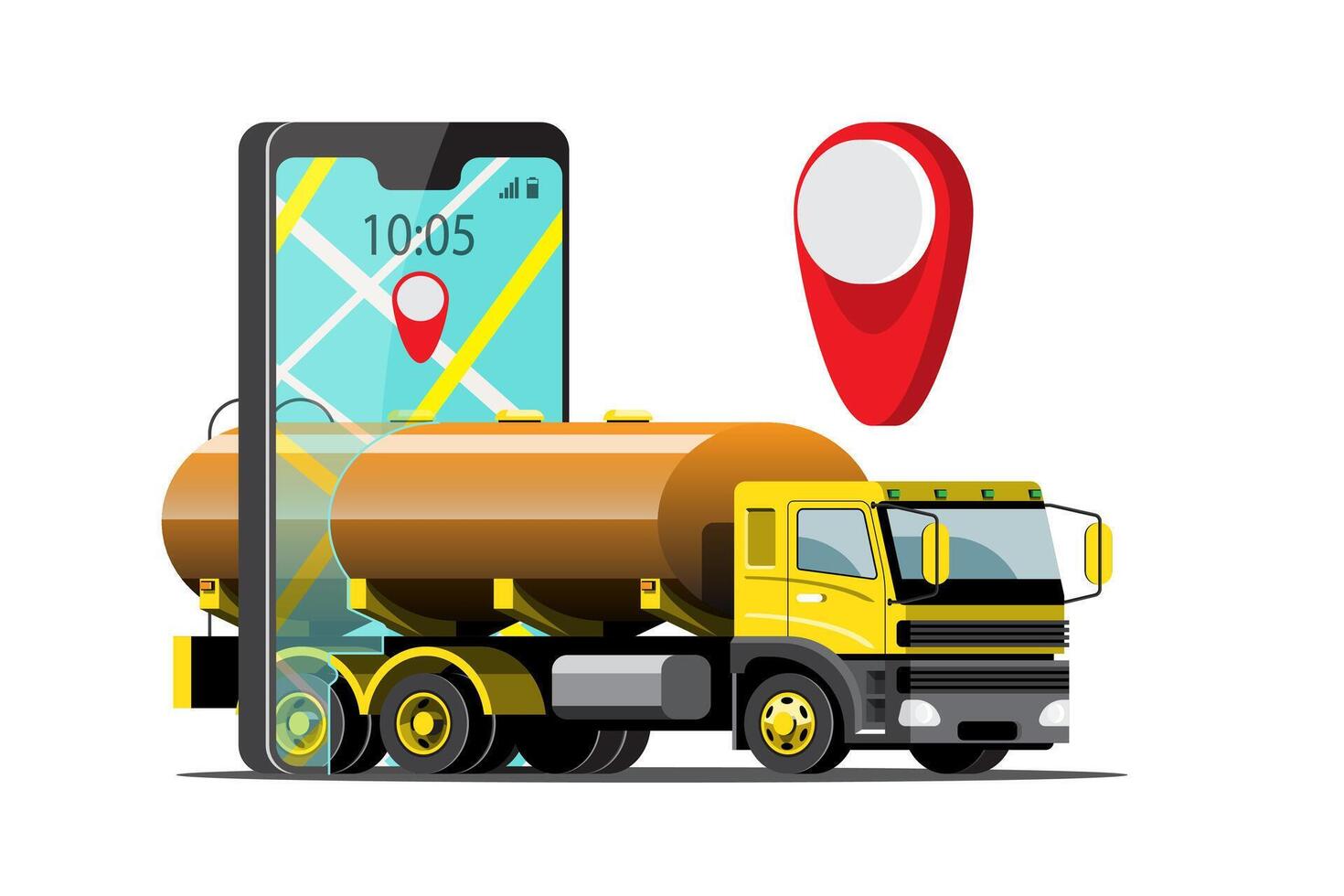 Big isolated vehicle vector colorful icons, flat illustrations of delivery by van through GPS tracking location. delivery vehicle, gas, gasoline, fuel delivery, instant delivery, online delivery.