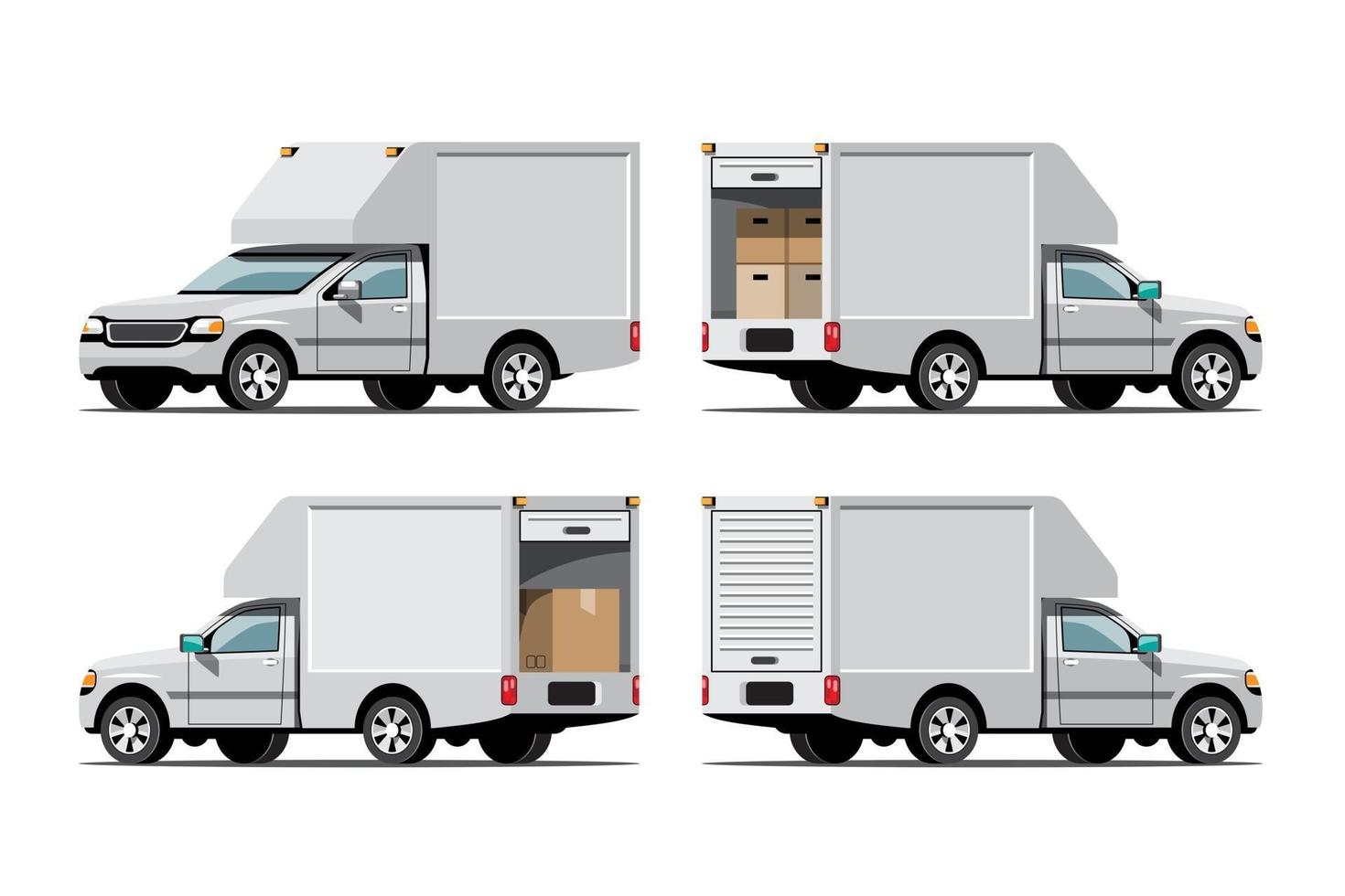 Big isolated vehicle vector icons set, flat illustrations various view of van, logistic commercial transport concept.