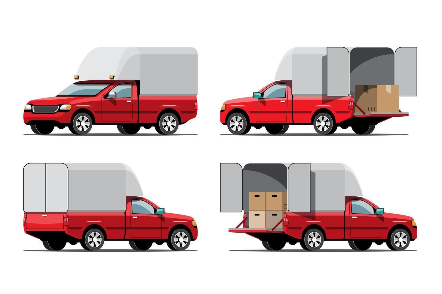 Big isolated vehicle vector icons set, flat illustrations various view of van, logistic commercial transport concept.