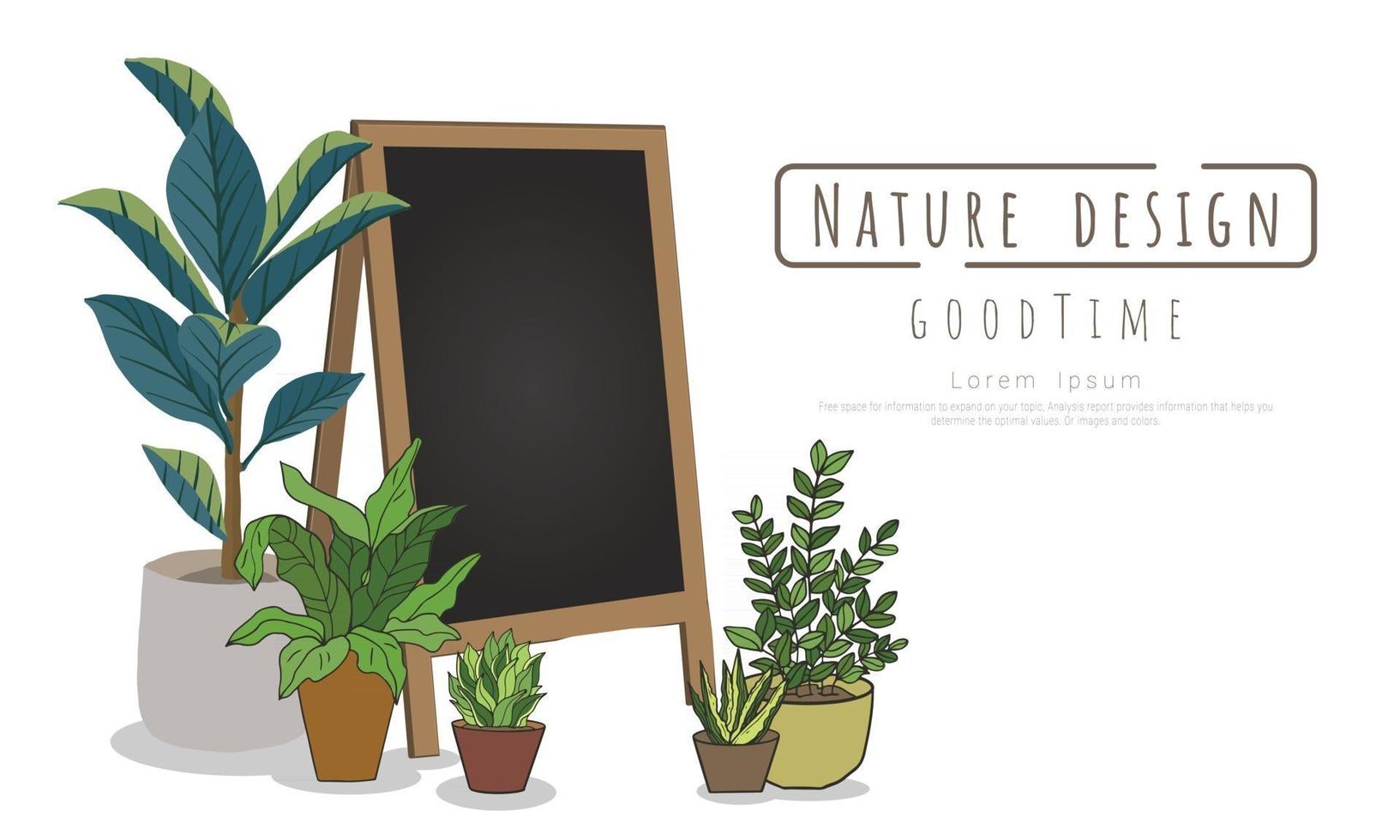 Potted plants with Black board for writing messages vector