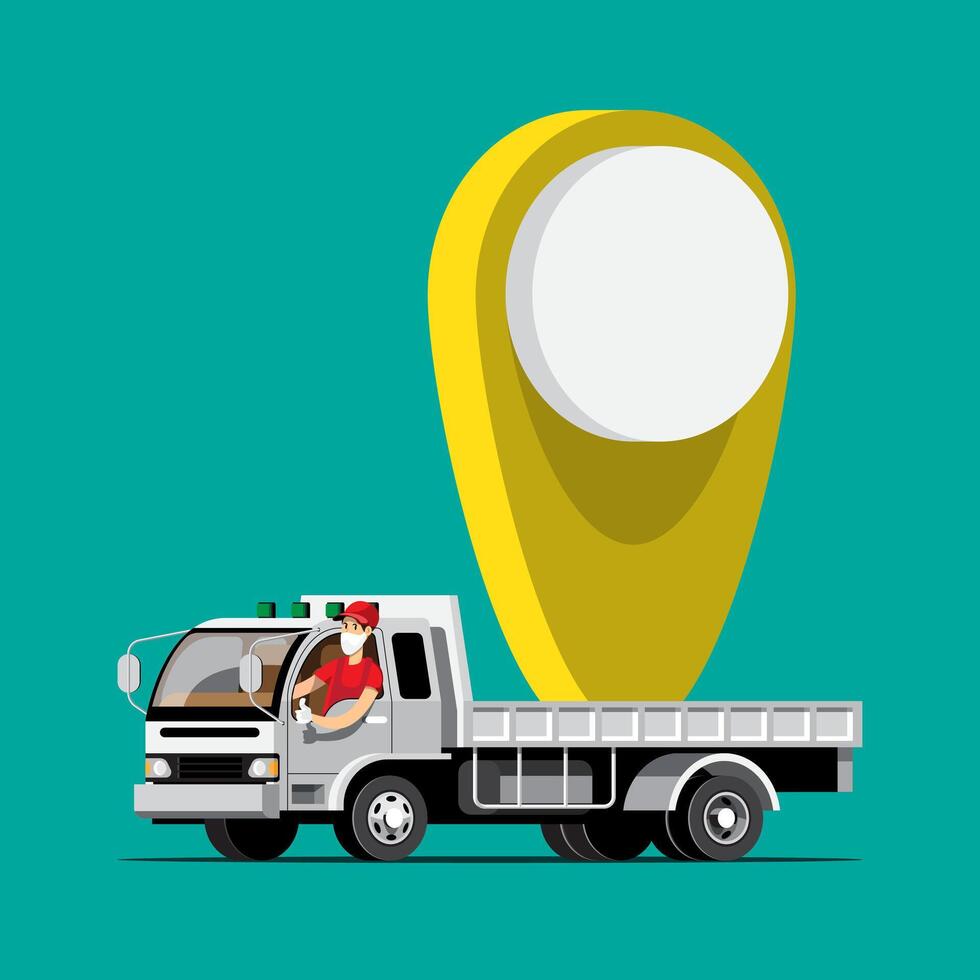 Big isolated vehicle vector colorful icons, flat illustrations of delivery by van through GPS tracking location. delivery vehicle, goods and  parcel delivery, instant delivery, online delivery.