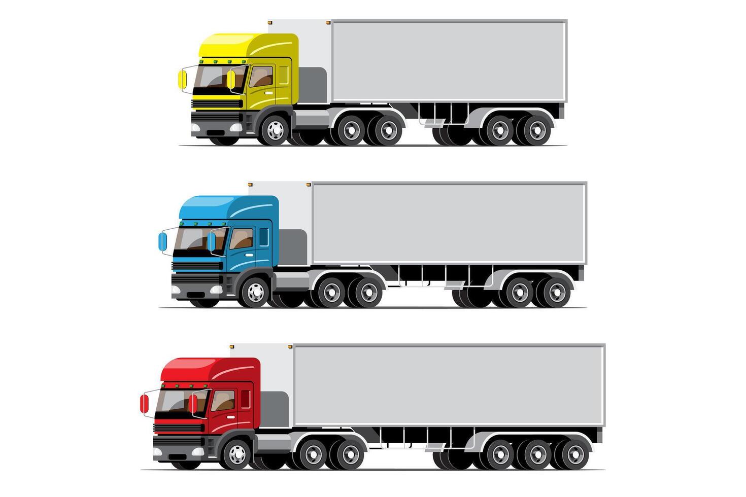 Big isolated vehicle vector colorful icons set, flat illustrations of various type truck, logistic commercial transport concept.