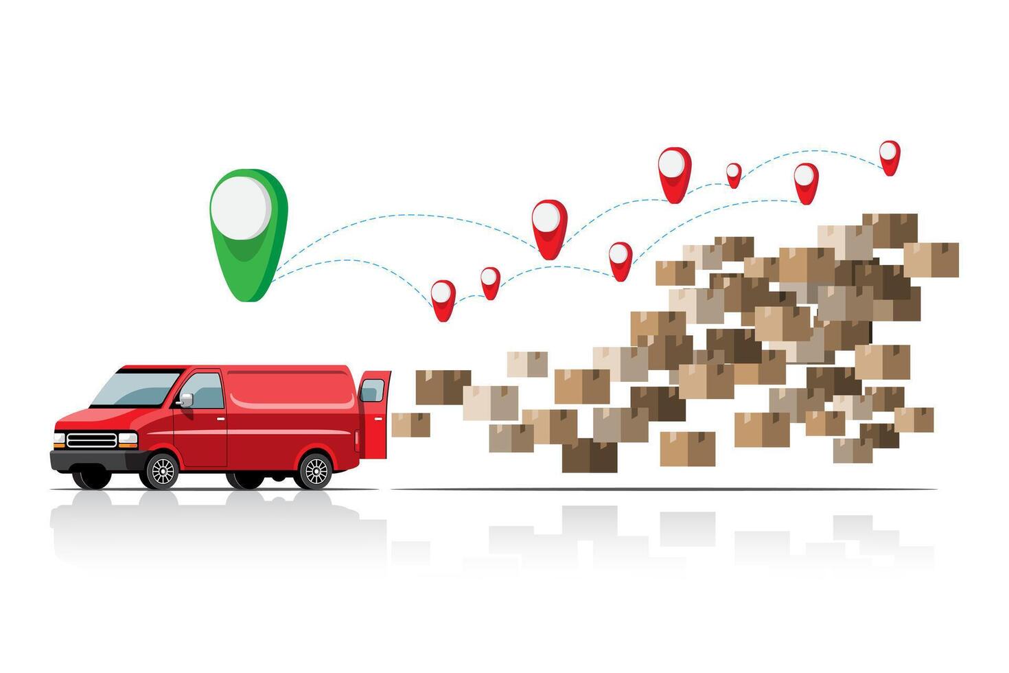 Big isolated vehicle vector colorful icons, flat illustrations of delivery by van through GPS tracking location. delivery vehicle, goods and  parcel delivery, instant delivery, online delivery.