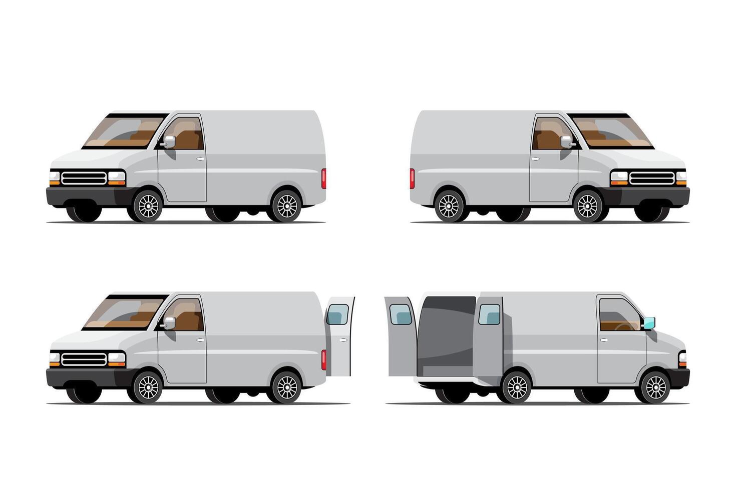 Big isolated vehicle vector icons set, flat illustrations various view of van, logistic commercial transport concept.