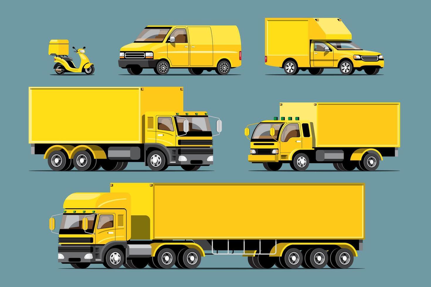 Conjunto de iconos de colores de vector de vehículo aislado grande, ilustraciones planas de varios tipos de camiones, concepto de transporte comercial logístico.