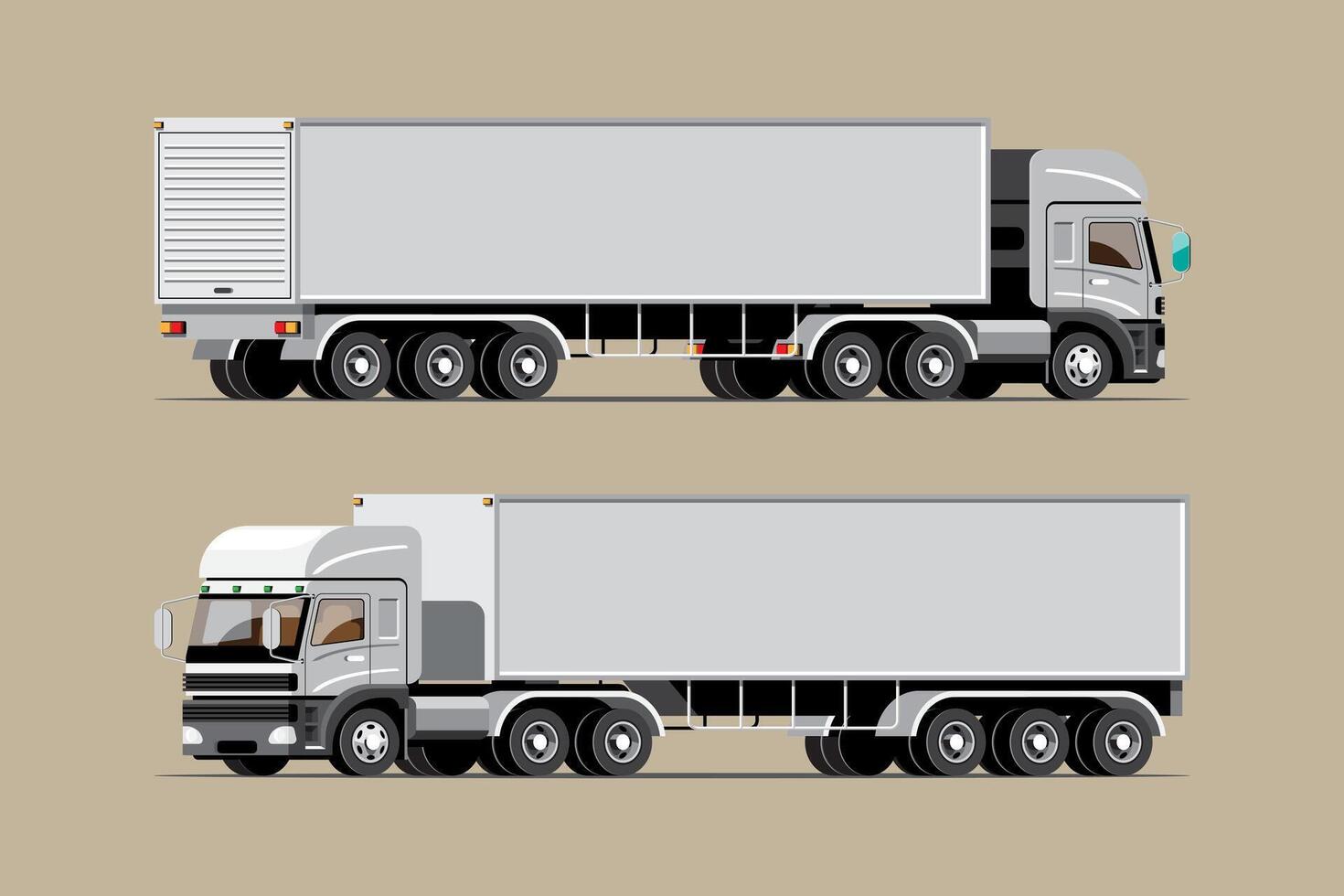 Big isolated vehicle vector icons set, flat illustrations various view of truck, logistic commercial transport concept.
