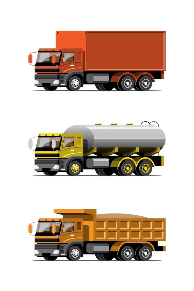 Conjunto de iconos de colores de vector de vehículo aislado grande, ilustraciones planas de varios tipos de camiones, concepto de transporte comercial logístico.