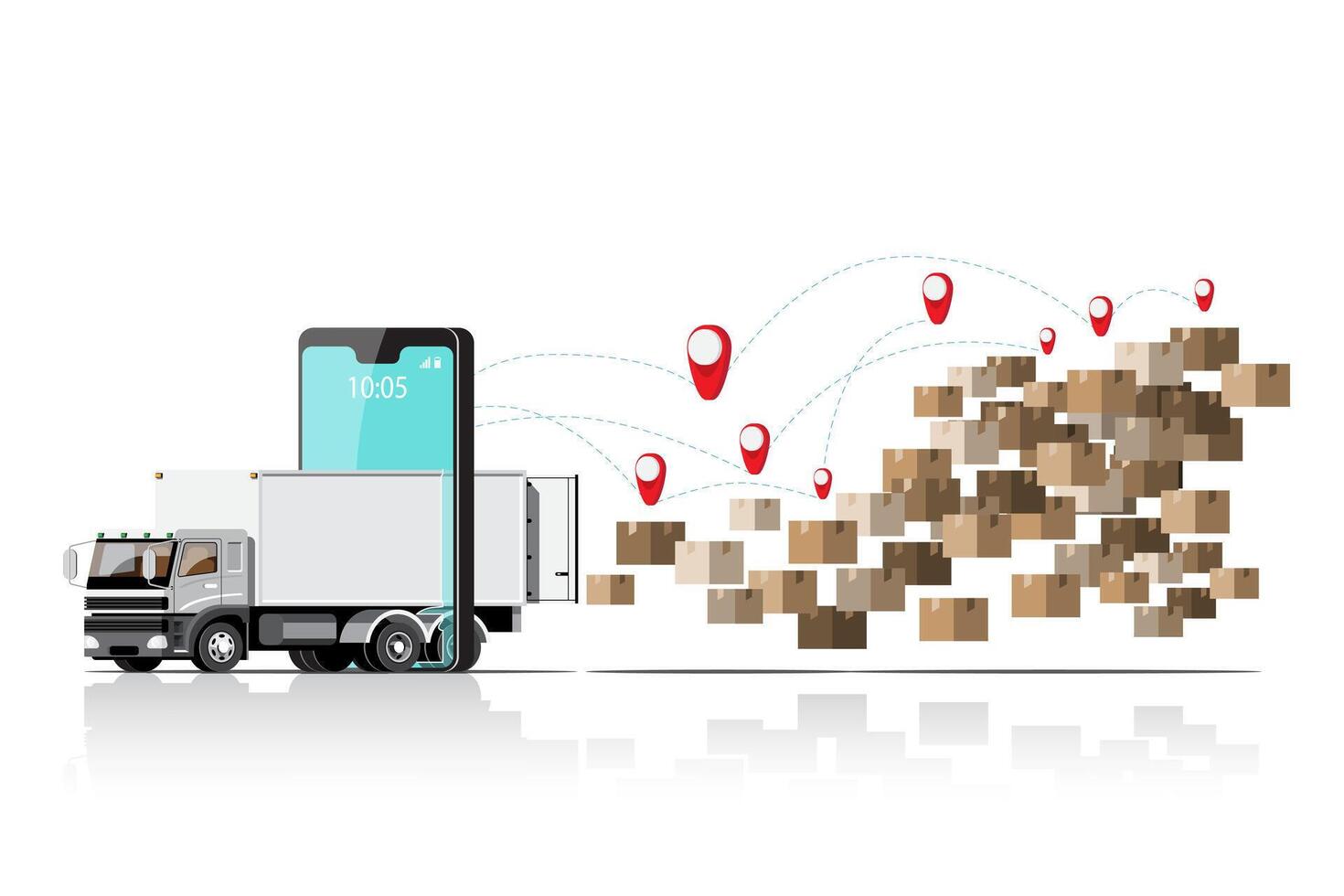 Big isolated vehicle vector colorful icons, flat illustrations of delivery by van through GPS tracking location. delivery vehicle, goods and  parcel delivery, instant delivery, online delivery.