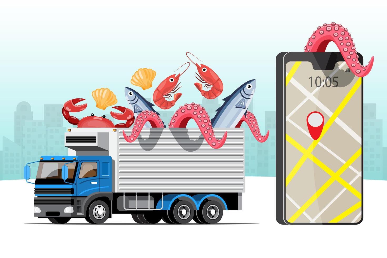 Big isolated vehicle vector colorful icons, flat illustrations of delivery by van through GPS tracking location. delivery vehicle, fish and  food delivery, instant delivery, online delivery.