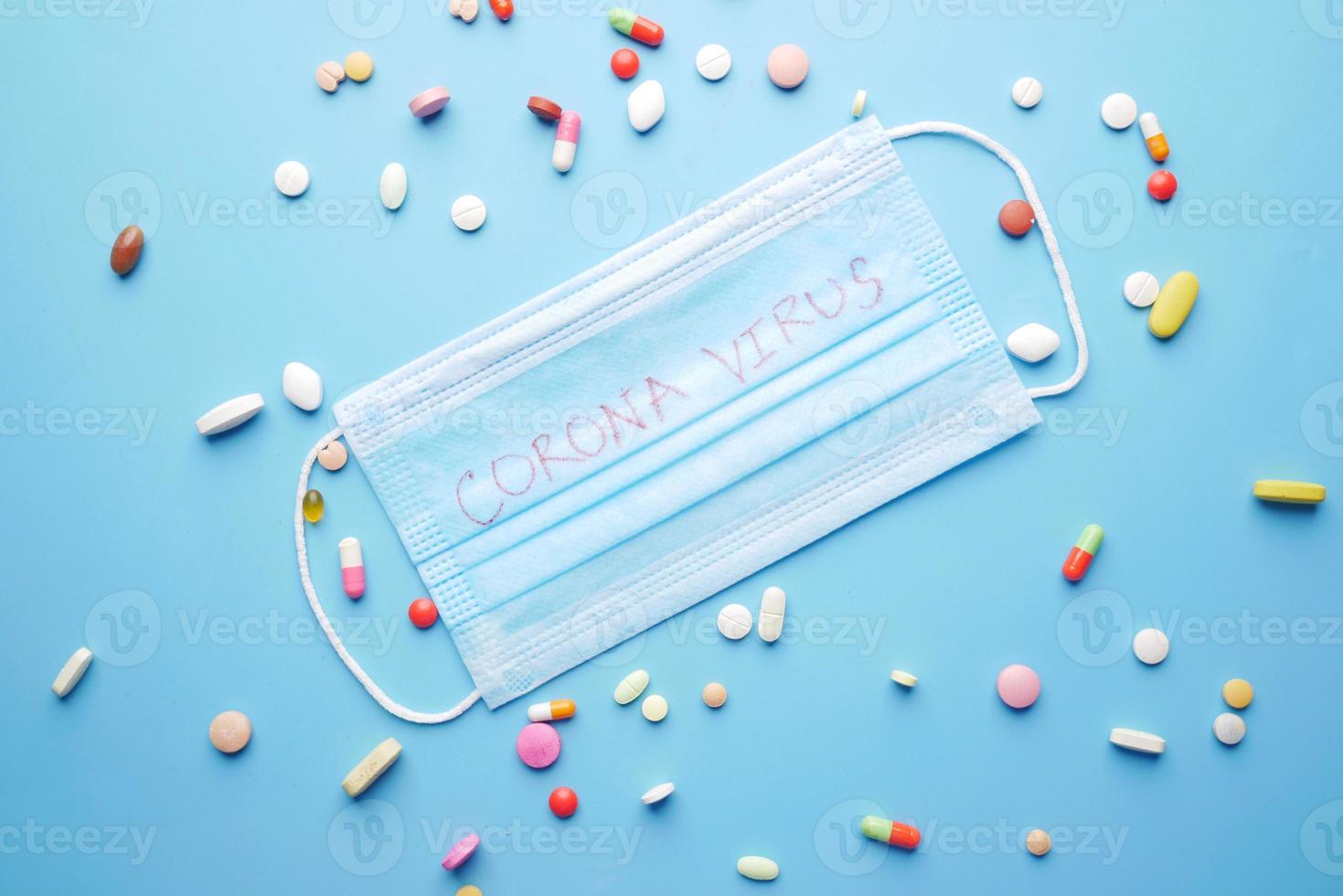 Close up of blue surgical masks on table photo