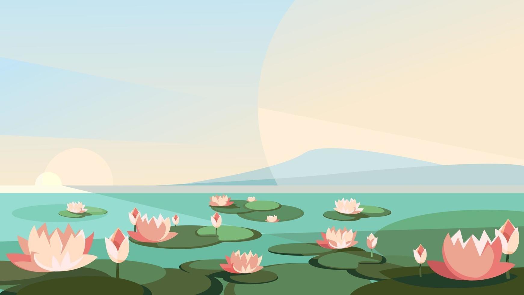 Landscape with lotuses on the river. vector