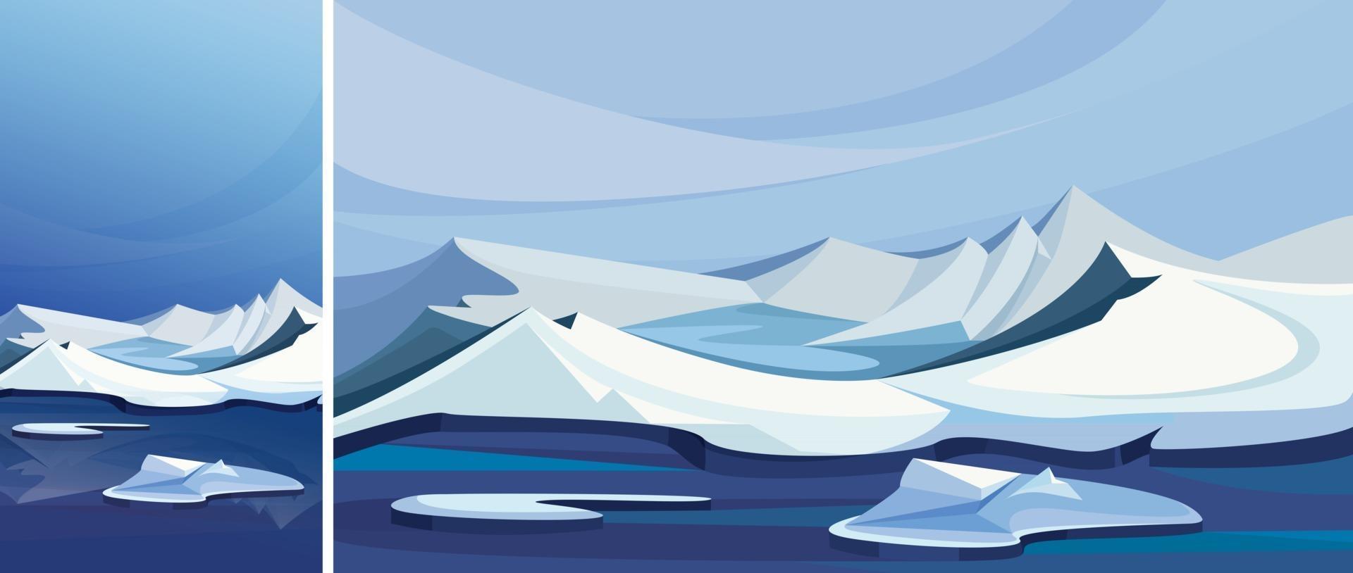 Arctic landscape with ice mountains. Natural scenery in vertical and horizontal orientation. vector