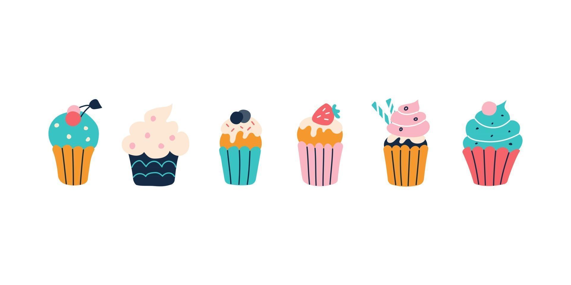 A set of bright colorful cupcakes on a white background in the style of flat doodles. Vector illustration. Children's room decor, posters, postcards, clothing and interior items