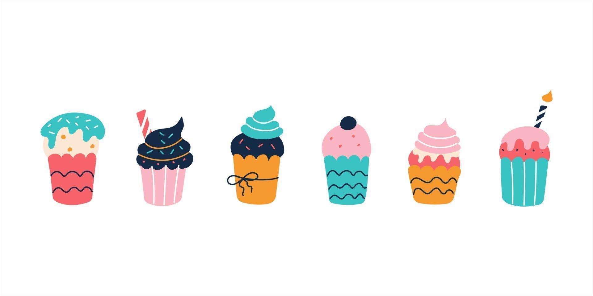A set of bright colorful cupcakes on a white background in the style of flat doodles. Vector illustration. Children's room decor, posters, postcards, clothing and interior items
