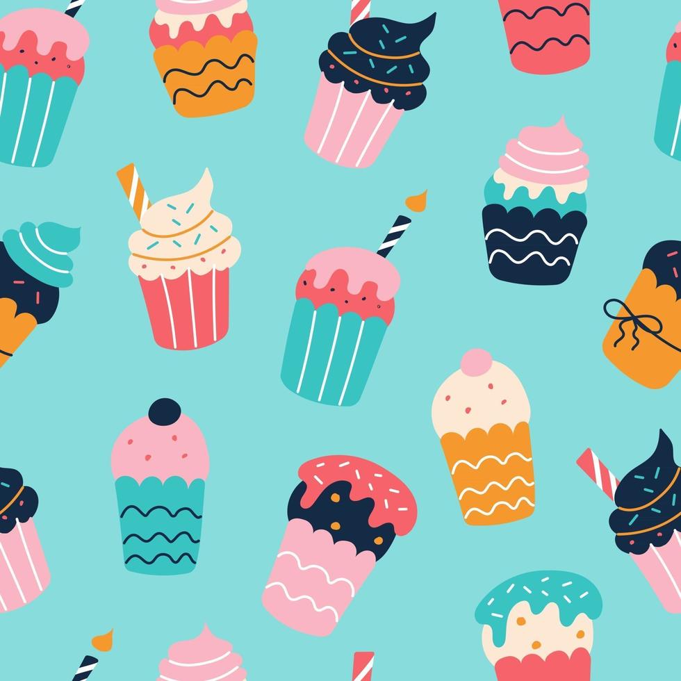 A set of bright colorful cupcakes in the style of flat doodles. Vector seamless pattern. Wallpaper, packaging paper design, fabrics
