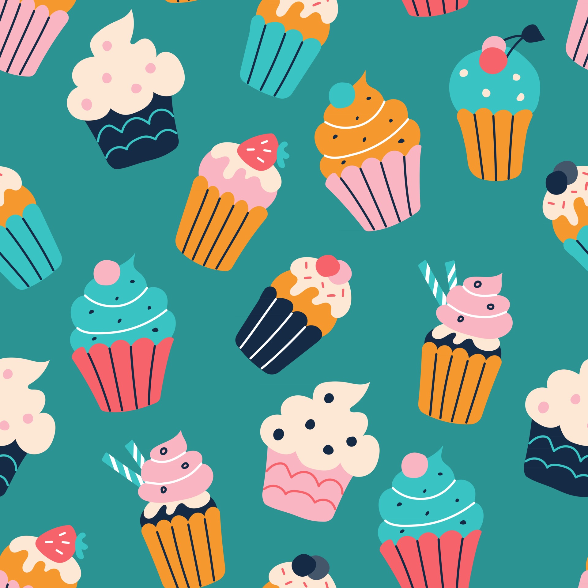 A set of bright colorful cupcakes in the style of flat doodles. Vector