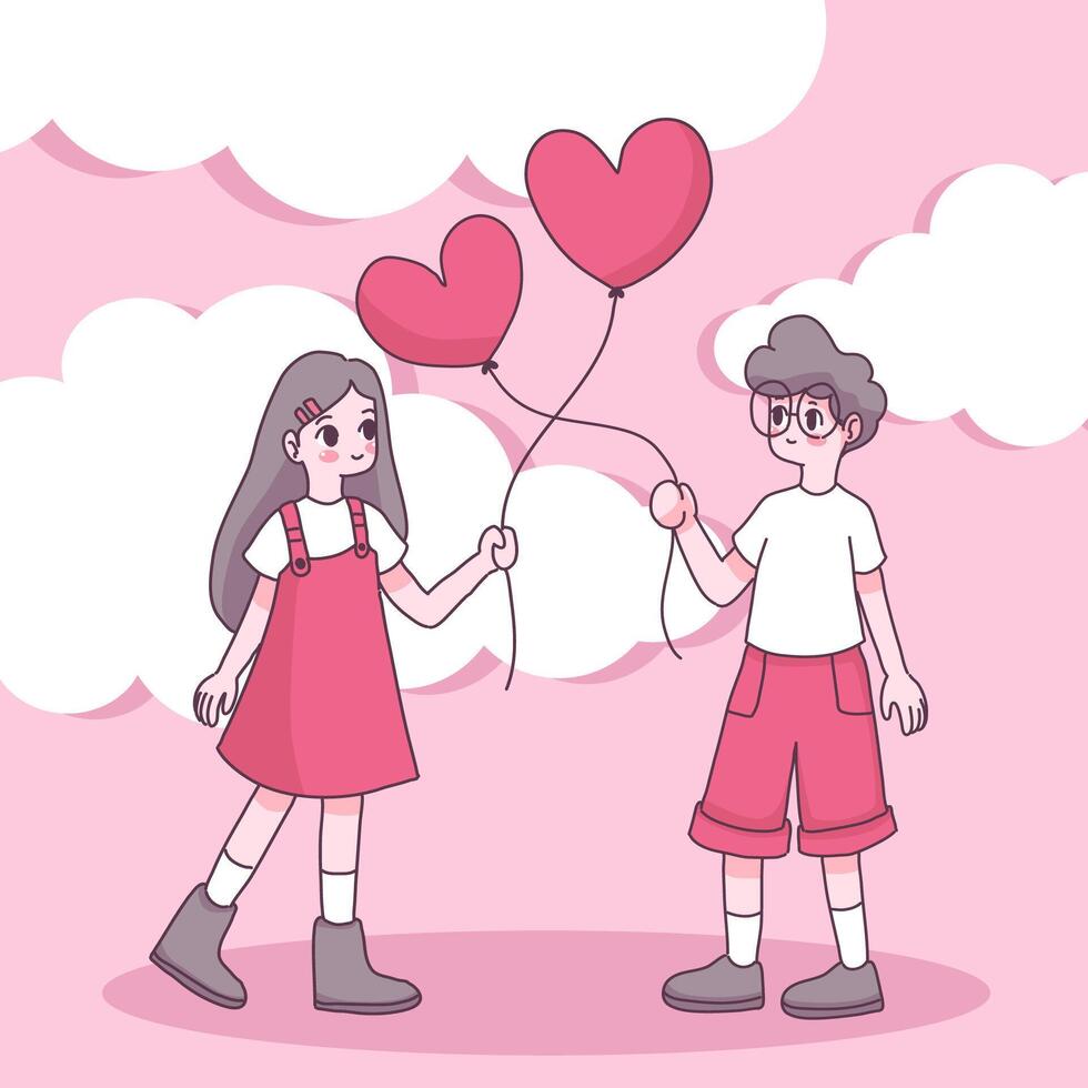 Gran pareja aislada enamorada, feliz joven y niño enamorado, ilustración de vector plano de concepto de San Valentín en estilo de dibujos animados