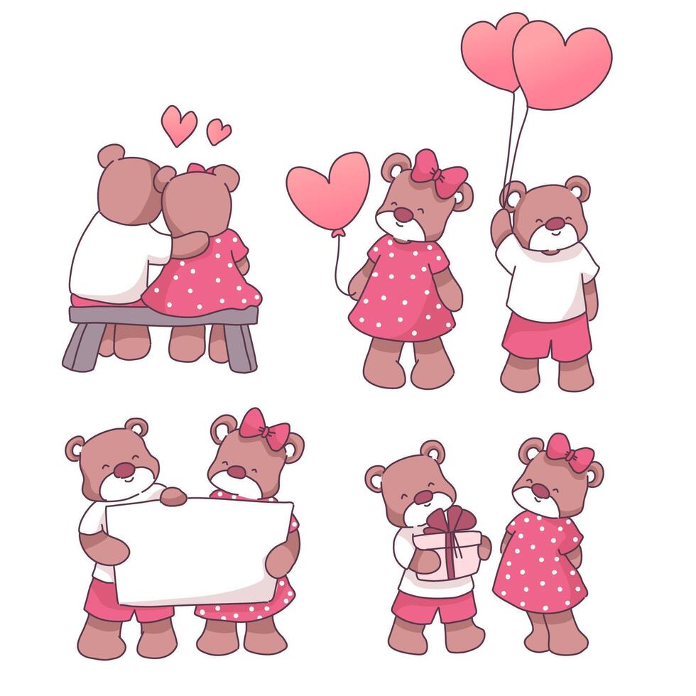 colección de grandes elementos de amor dibujados a mano aislados en concepto de San Valentín, oso enamorado, ilustración vectorial plana para tarjetas de invitación del día de San Valentín y decoración de páginas vector