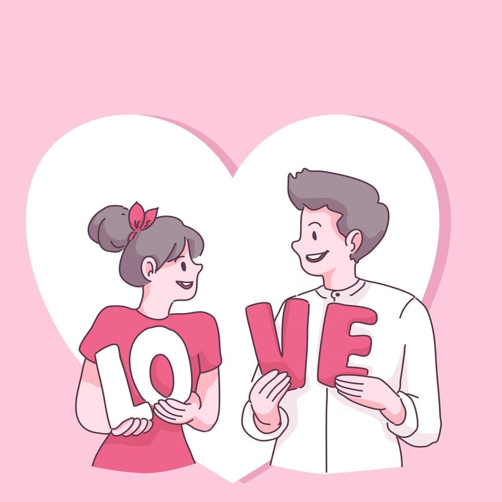 Gran pareja aislada enamorada, feliz joven y niño enamorado, ilustración de vector plano de concepto de San Valentín en estilo de dibujos animados