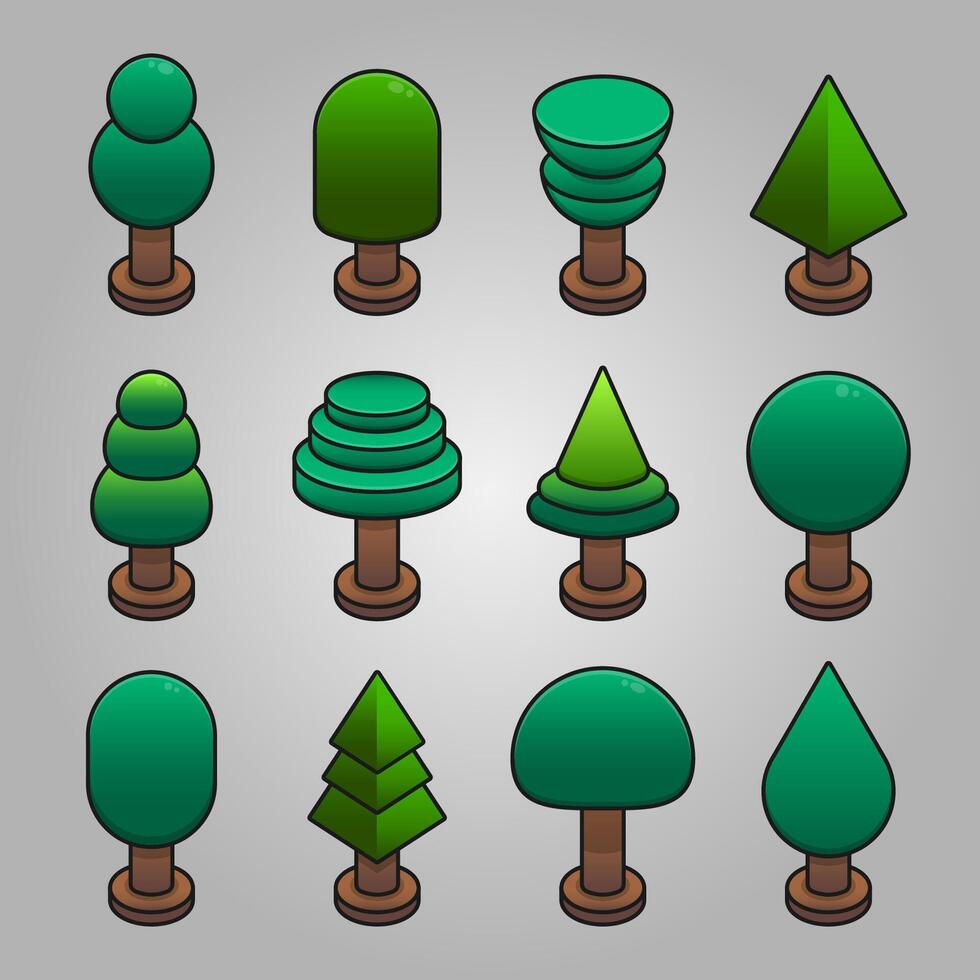 Icons set for isometric game elements, colorful isolated vector illustration of Abstract game trees for abstract flat game concept