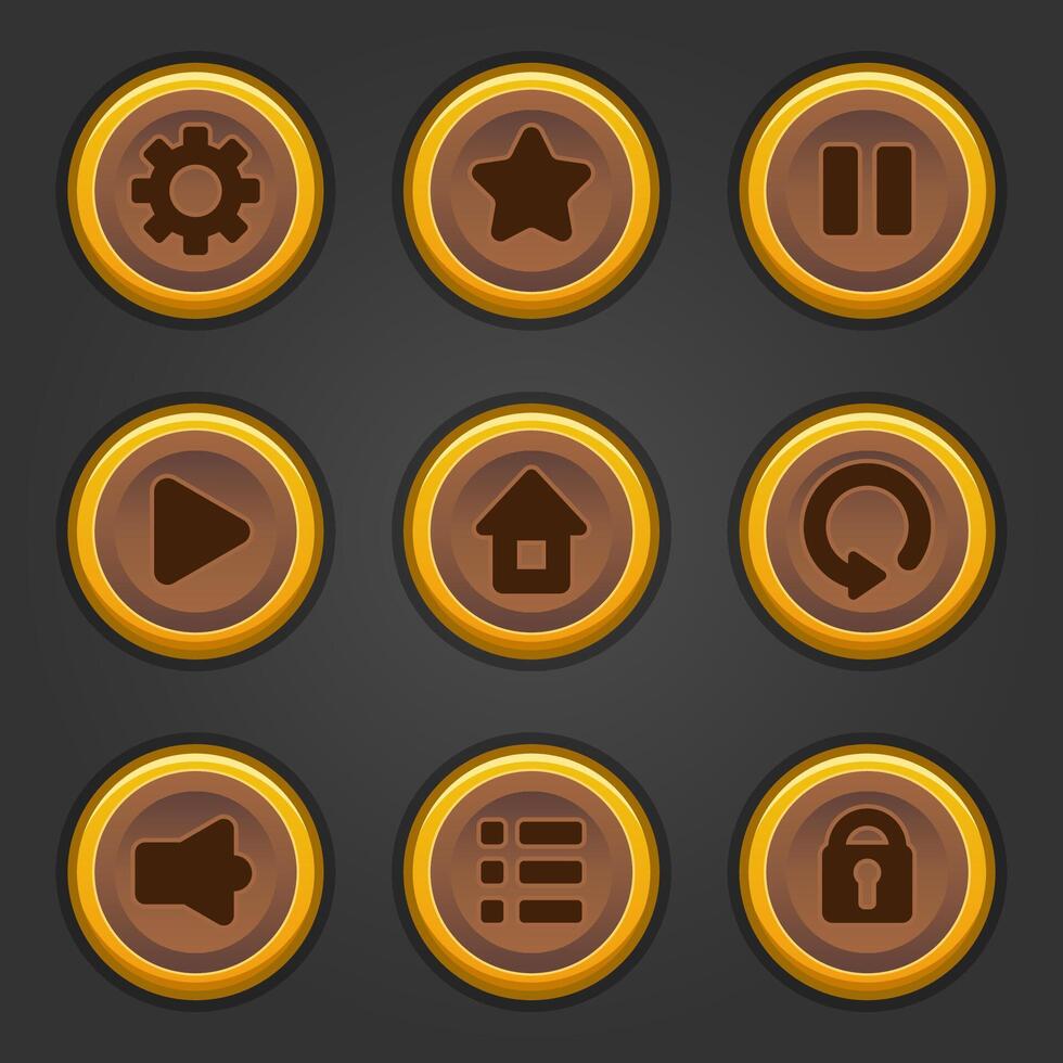 Icons set for isometric game elements, colorful isolated vector illustration of Gold circle frame button for abstract flat game concept