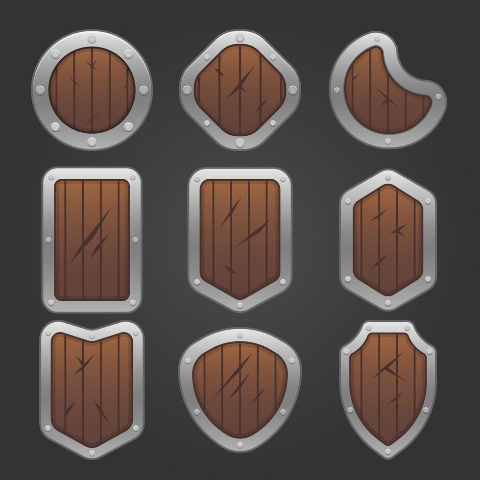 Icons set for isometric game elements, colorful isolated vector illustration of Game wooden shields for abstract flat game concept