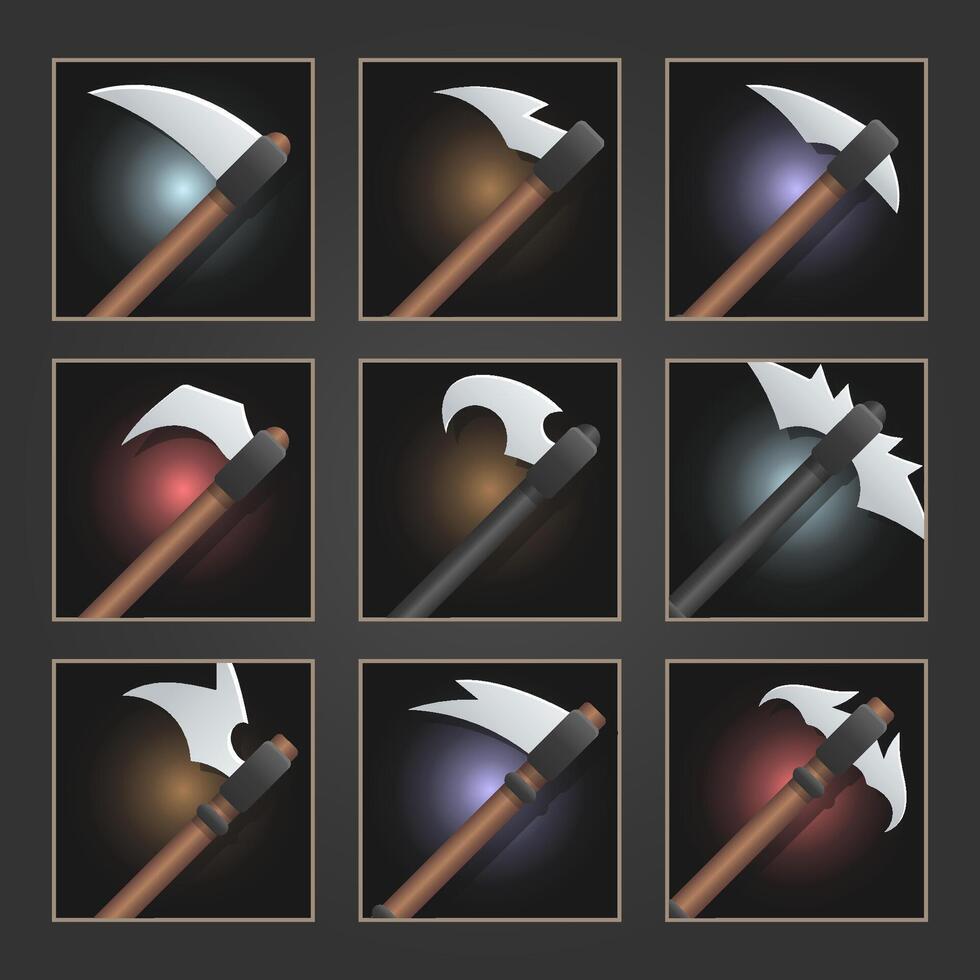 Icons set for isometric game elements, colorful isolated vector illustration of RPG weapon for abstract flat game concept