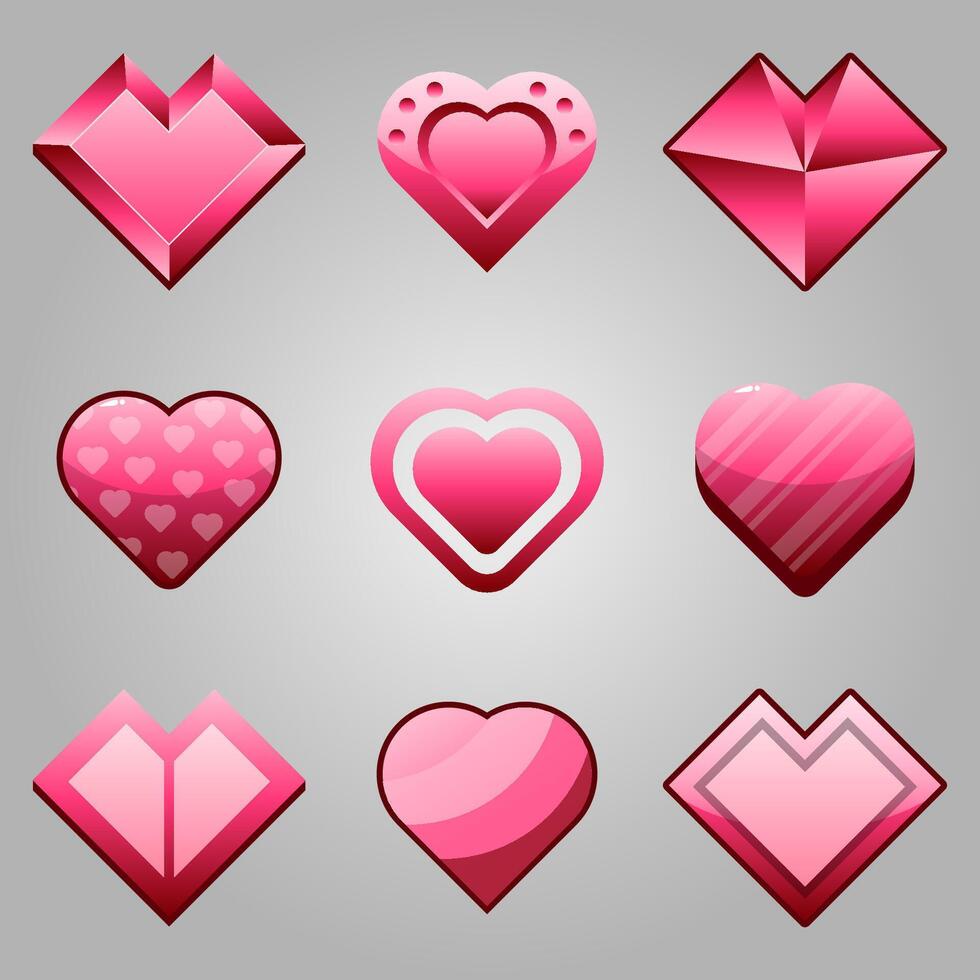 conjunto de iconos para elementos de juego isométricos, colorida ilustración vectorial aislada de corazones de juego para el concepto de juego plano abstracto vector