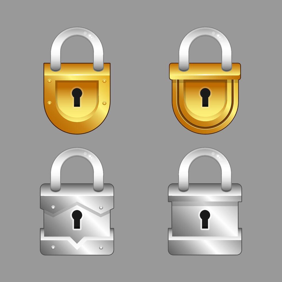 Icons set for isometric game elements, colorful isolated vector illustration of Gold and silver locks for abstract flat game concept