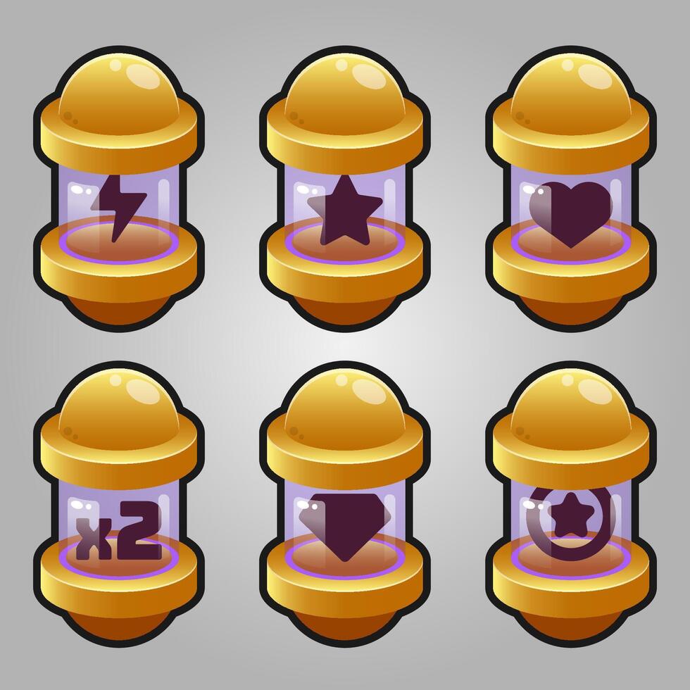 Icons set for isometric game elements, colorful isolated vector illustration of Game capsule item boosters for abstract flat game concept